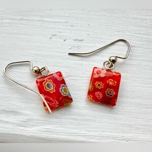 Retro Red Rectangle ‘70s Flower Drop Earrings